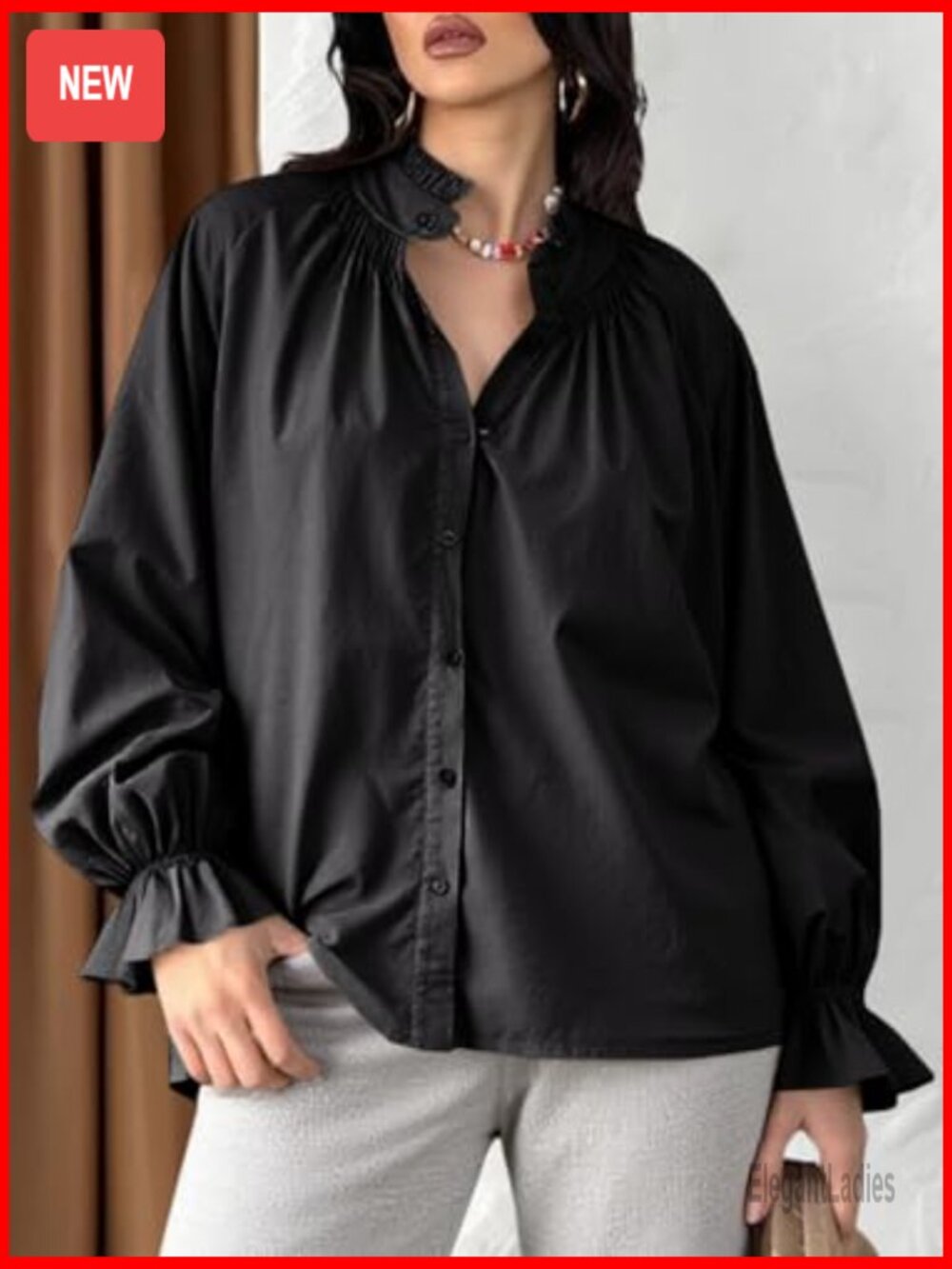 Puff Long Sleeve Button Down Shirt Pleated V Neck Cotton Blouse Loose Fit - Picture 3 of 7